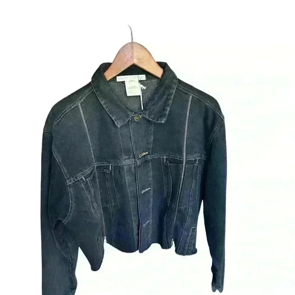 Free people Tricia Fix Western Crop denim jacket size L zipper in wash black nwt